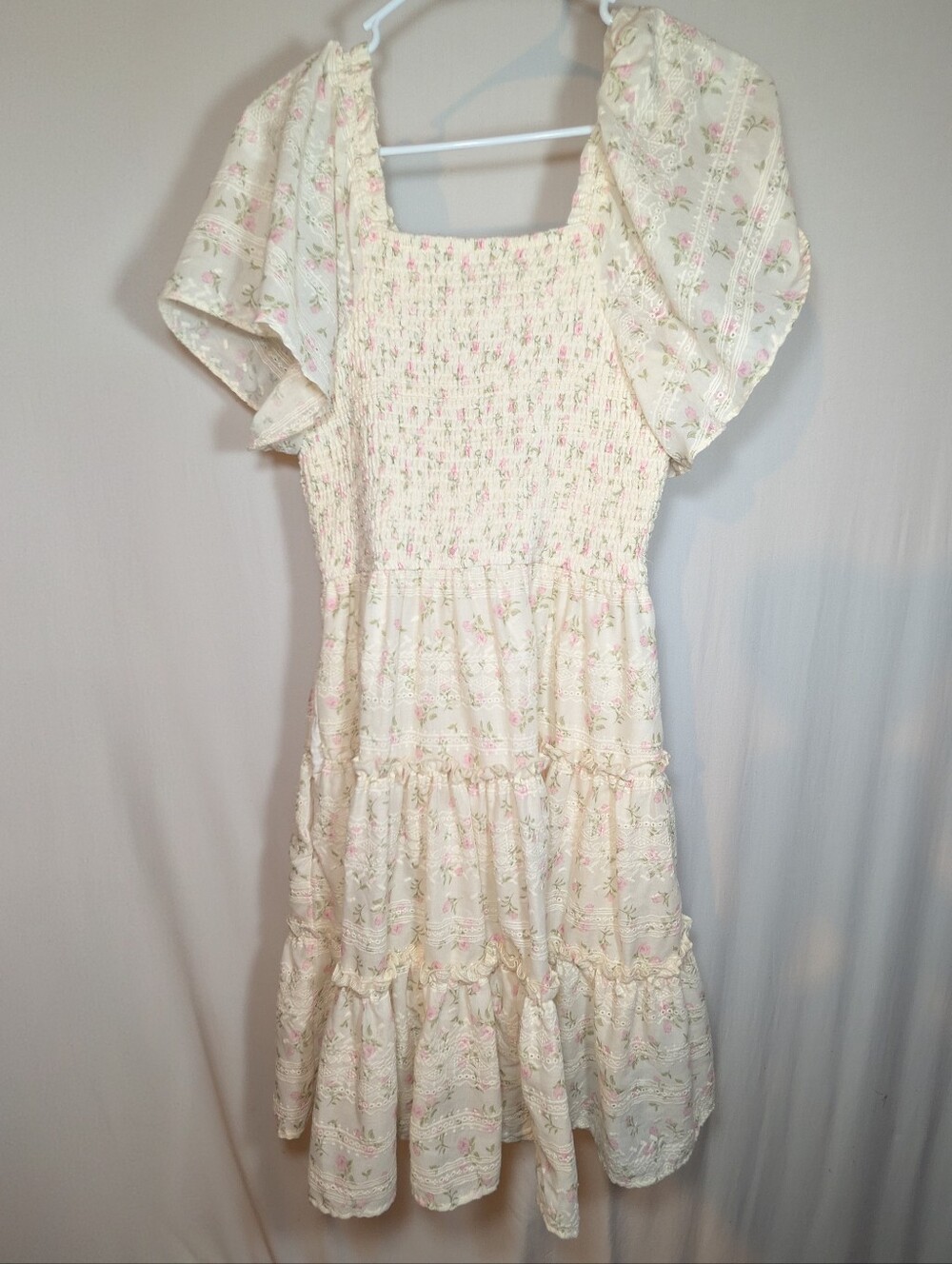 Ivy City Co Mini Cream Dress 100% Cotton Short Sleeve Elastic Pocket Cottagecore